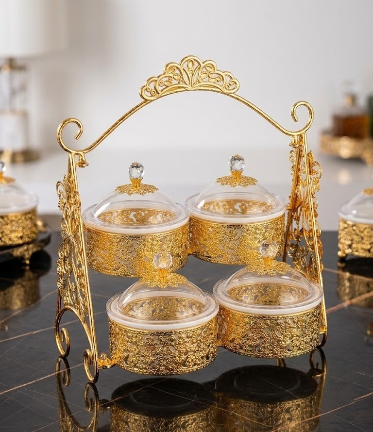 Luxury 2-Tier Gold Filigree Snack Server with Swing Handle & 4 Glass L