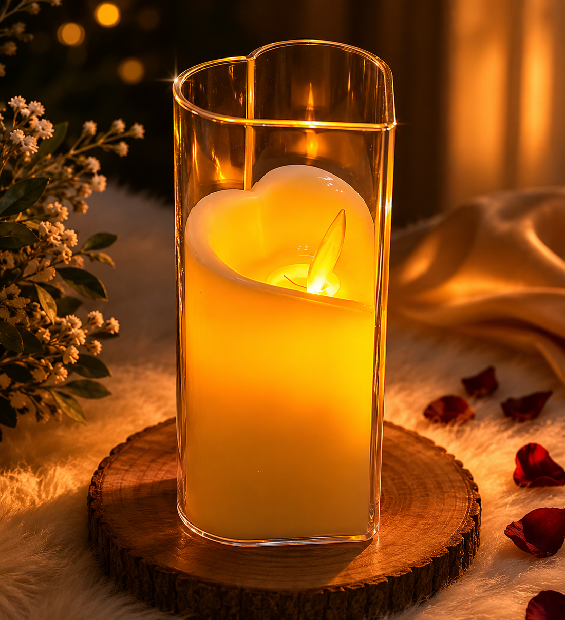 heart-shaped glass flameless LED candle with a realistic flickering effect.