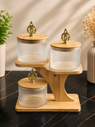Luxury 3-Tier Glass Storage Jar Set with Wooden Stand