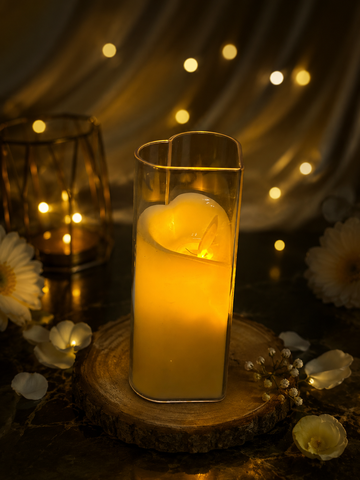heart-shaped glass flameless LED candle with a realistic flickering effect.