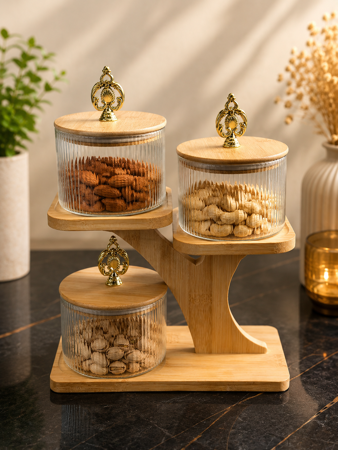 Luxury 3-Tier Glass Storage Jar Set with Wooden Stand