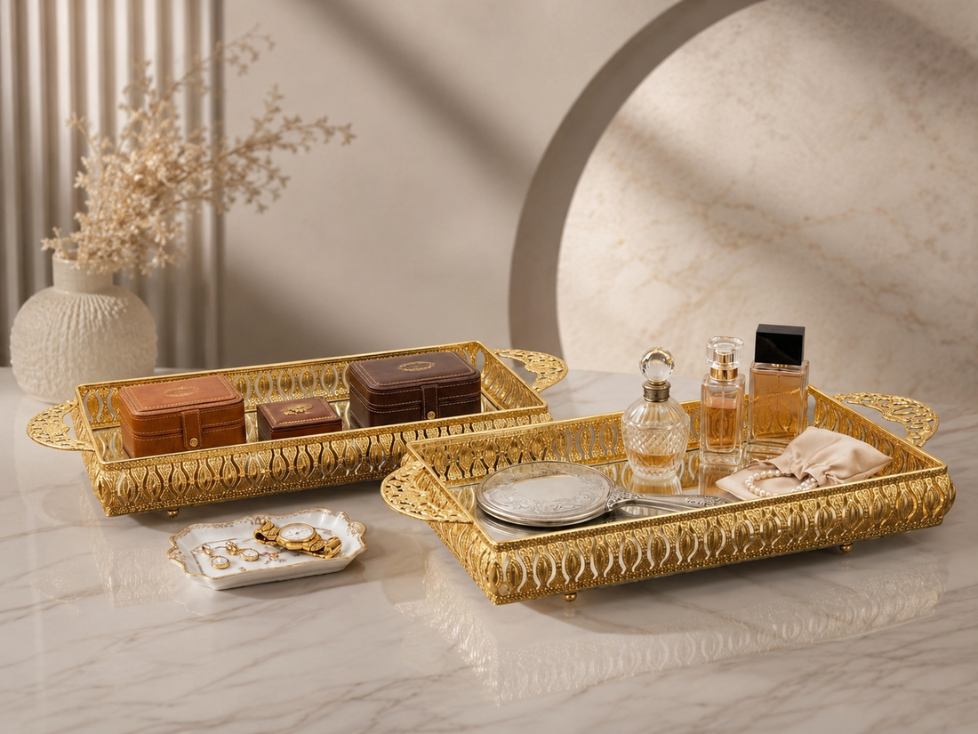 Handmade Mirror Gold Trays with Handles