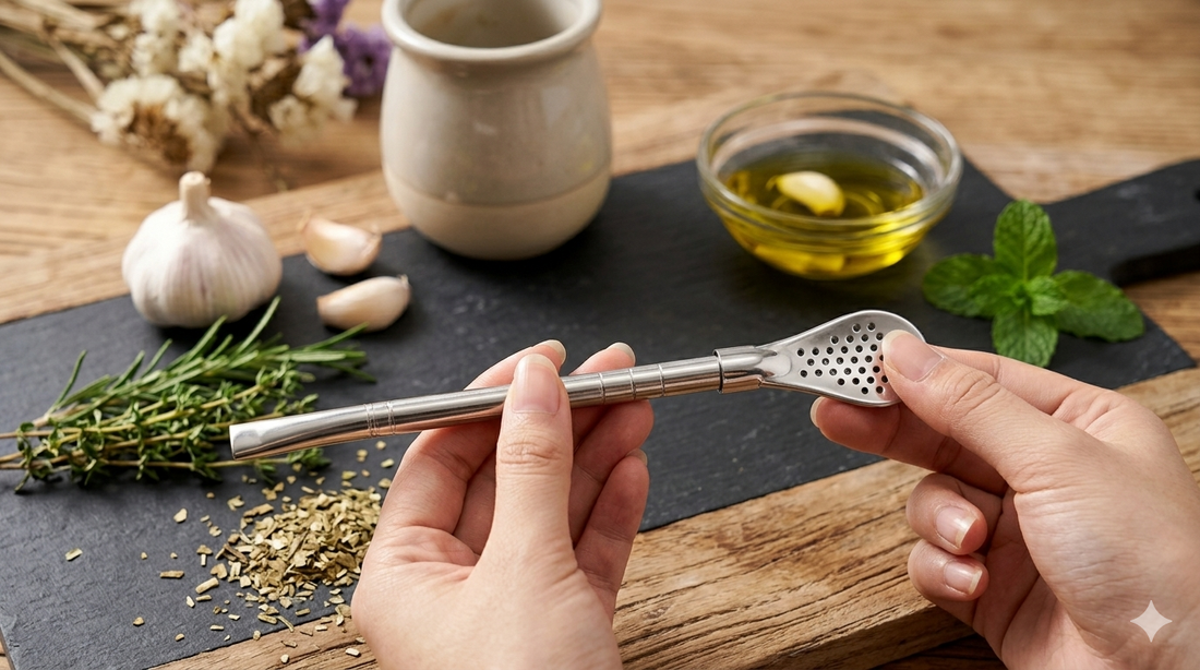 Reusable Curved Steel Straw with Herb Infuser Tip