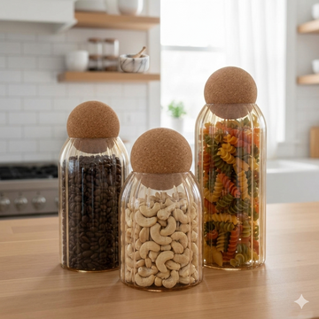 Ribbed Tinted Glass Storage Jars with Wooden Ball Lids