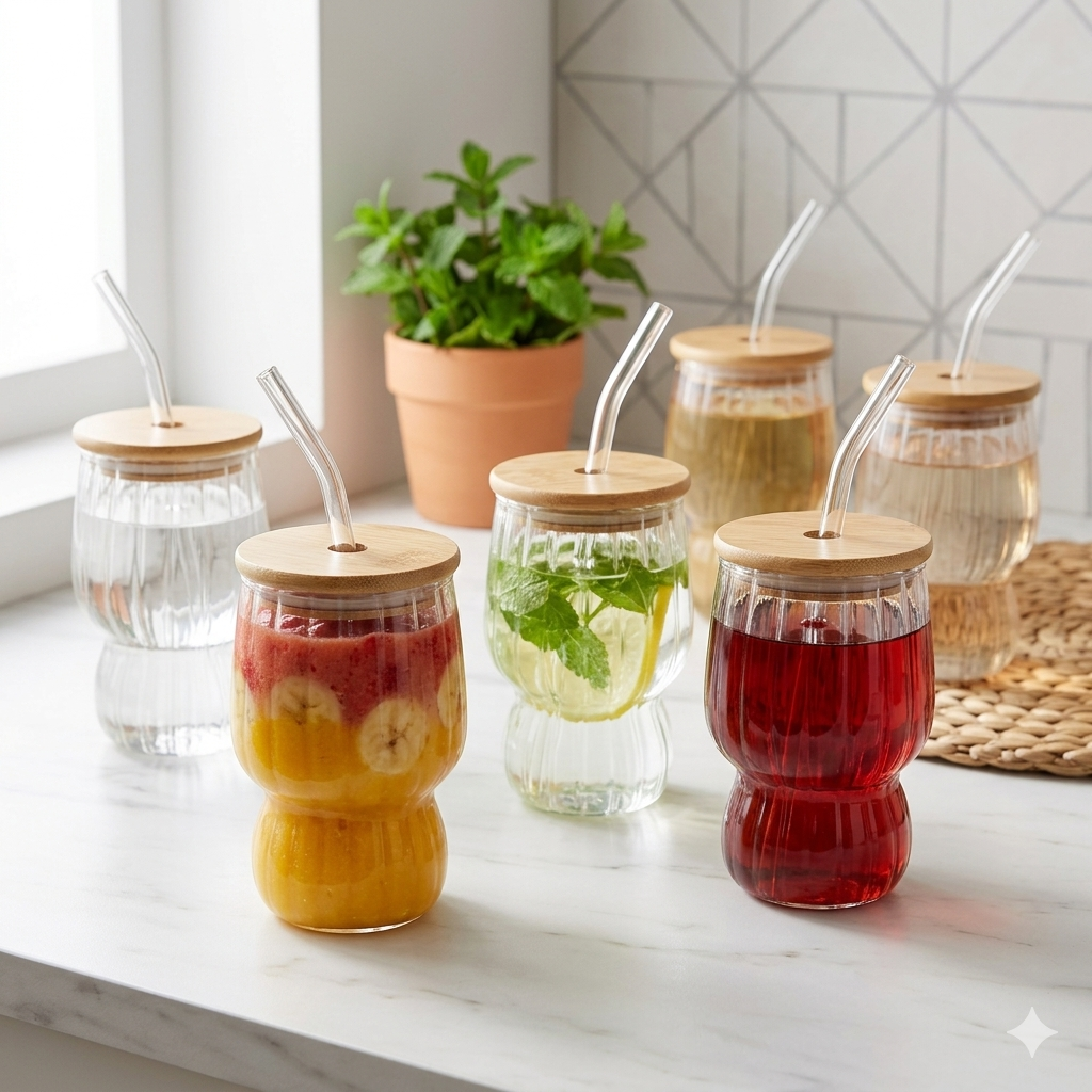 AmberRib Glass Cup with Wooden Lid