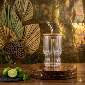 AmberRib Glass Cup with Wooden Lid