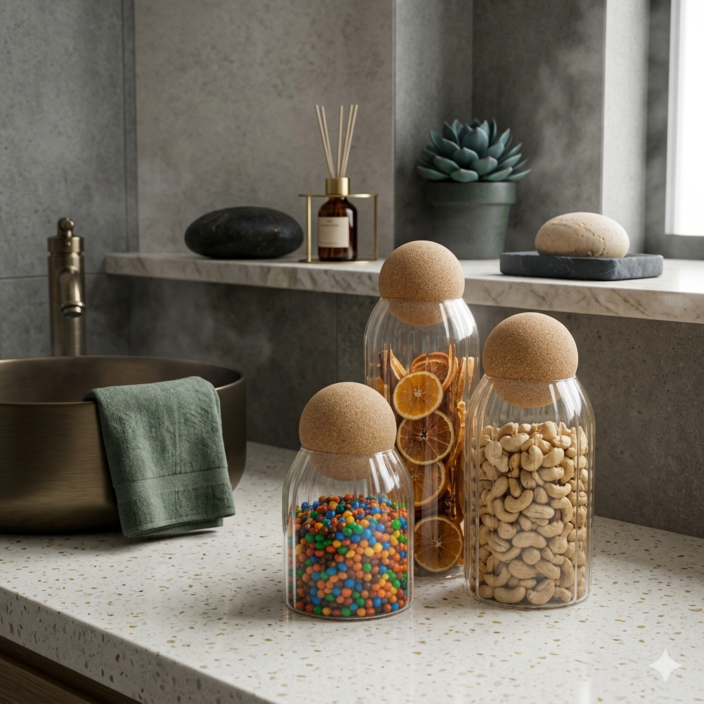 Ribbed Tinted Glass Storage Jars with Wooden Ball Lids