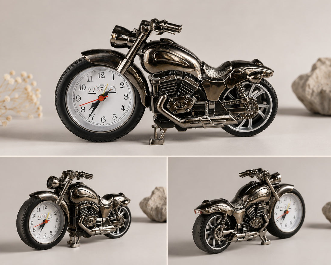 Vintage Mini Motorcycle Alarm Clock Desktop Motorcycle Model Clock for Home Dorm Office Shelf Decoration