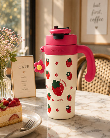 Cute Strawberry Charm Insulated Travel Tumbler with Handle & Straw