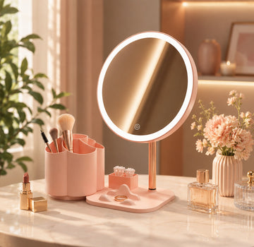 Adjustable Brightness Dressing Table Mirror Desk Mirror with Storage Function 57° Rotatable Table Mirror Touch Switch Vanity Mirror,USB Rechargeable