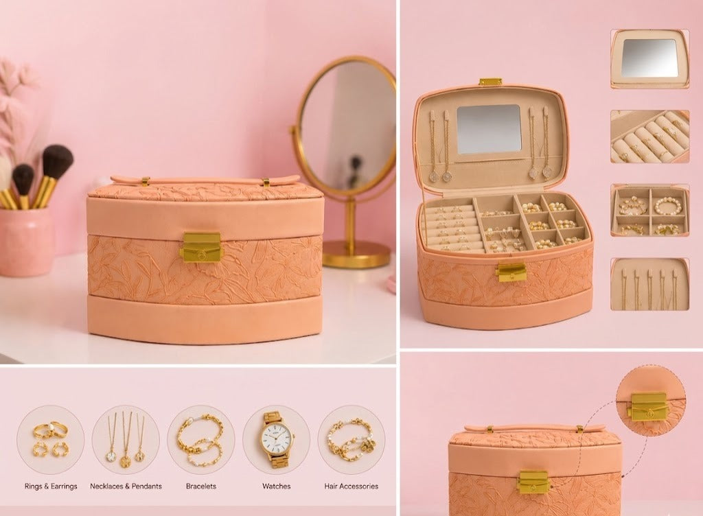 Luxury Floral Embossed Jewelry & Makeup Storage Box with Gold Lock