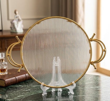 Multi-Functional Round Glass Cake Tray with Gold Handles | Decorative Display & Serving Platter