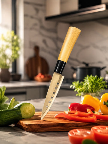Japanese-style kitchen knife with a natural wood handle, stainless steel