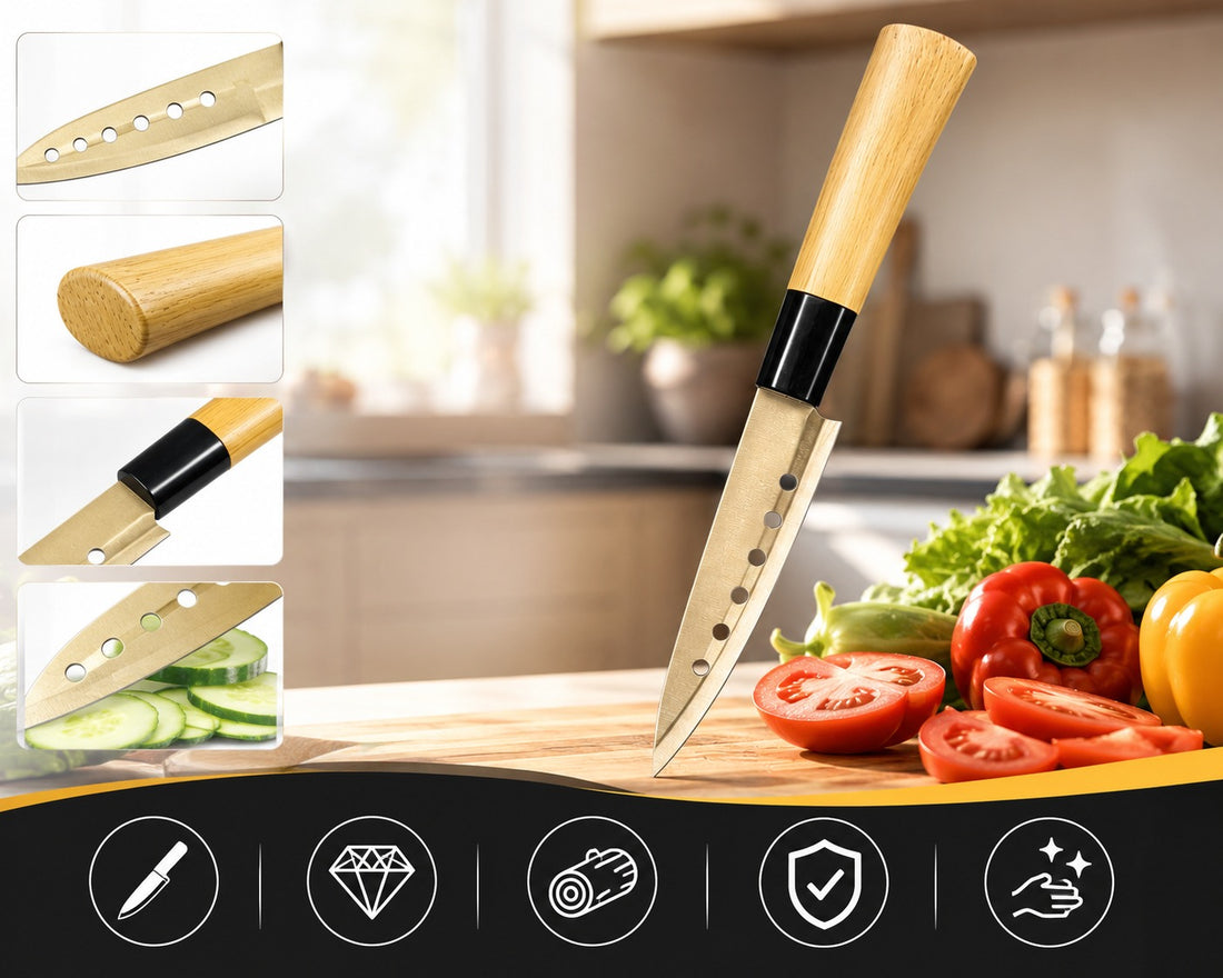 Japanese-style kitchen knife with a natural wood handle, stainless steel