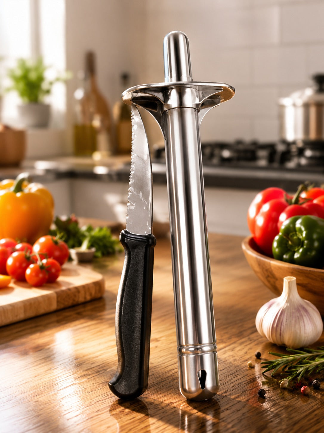 stainless steel kitchen lighter with a knife.