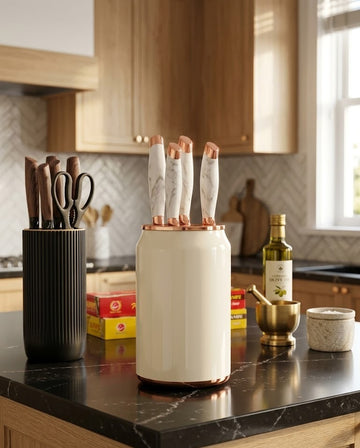 knife set featuring marble-patterned handles with rose gold accents, housed in a white cylindrical storage block.