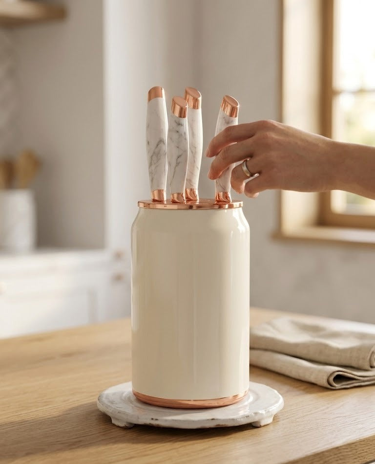 knife set featuring marble-patterned handles with rose gold accents, housed in a white cylindrical storage block.