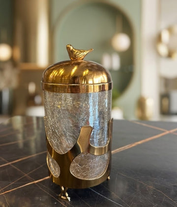 Luxury Gold & Crackle Glass Multi-Purpose Storage Jar with Bird Lid