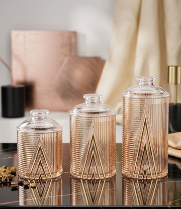 Luxury 3-Piece Amber & Gold Fluted Glass Decorative Jars with Lids