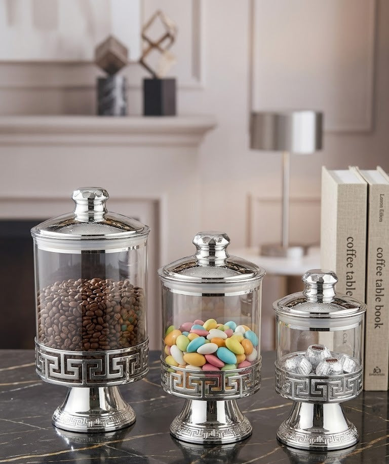 Luxury 3-Piece Chrome Silver & Clear Glass Decorative Jars with Pedestal Base