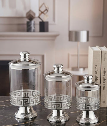 Luxury 3-Piece Chrome Silver & Clear Glass Decorative Jars with Pedestal Base