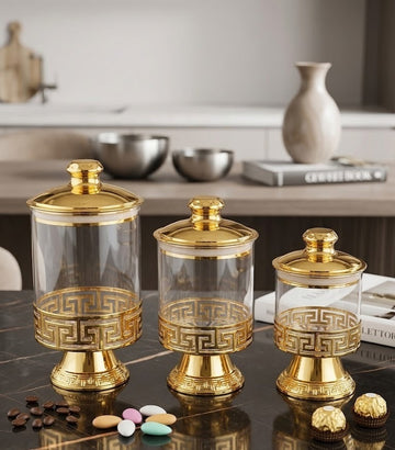 Luxury 3-Piece Polished Gold & Clear Glass Decorative Jars with Pedestal Base