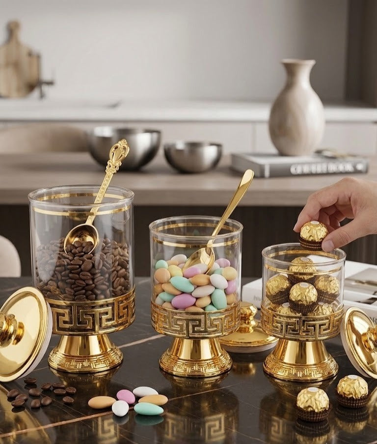 Luxury 3-Piece Polished Gold/Chrome & Clear Acrylic Jars