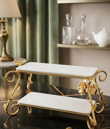 Royal Bird & Floral 2-Tier Ceramic Serving Platter – Luxury Gold Buffet Stand