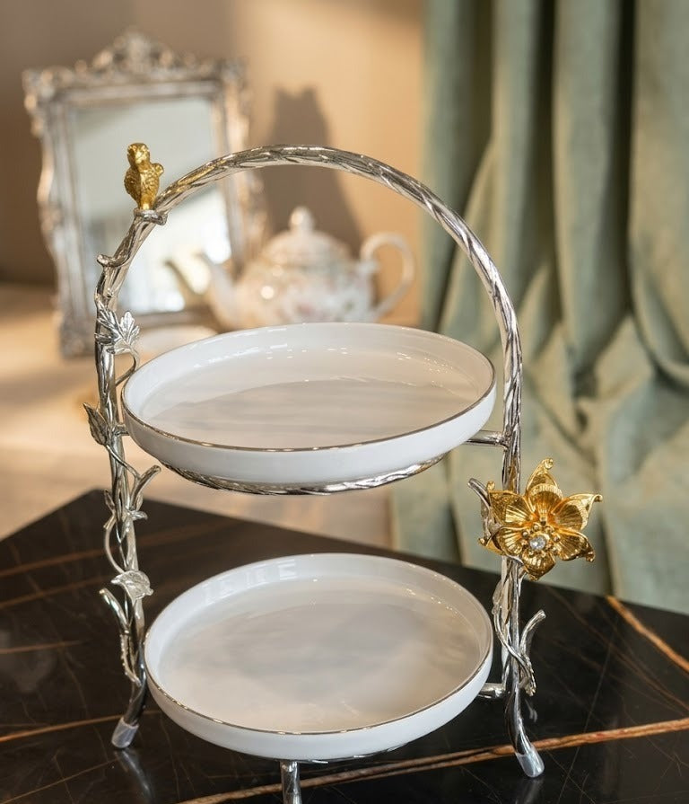 Luxury 2-Tier Circular Tiered Server with Silver Vine Frame & Golden Flower Accent