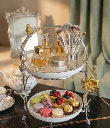Luxury 2-Tier Circular Tiered Server with Silver Vine Frame & Golden Flower Accent