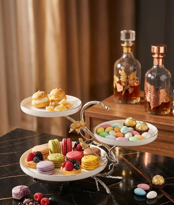 Luxury 3-Tier Round Serving Tray with Sculpted Silver Branch Frame & Gold Finials