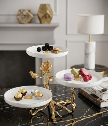Luxury 3-Tier Round Serving Tray with Sculpted Gold Branch Frame & Bird Finial