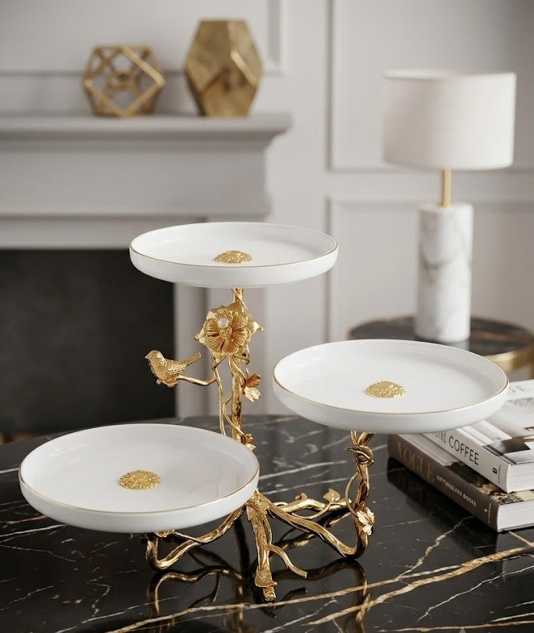 Luxury 3-Tier Round Serving Tray with Sculpted Gold Branch Frame & Bird Finial