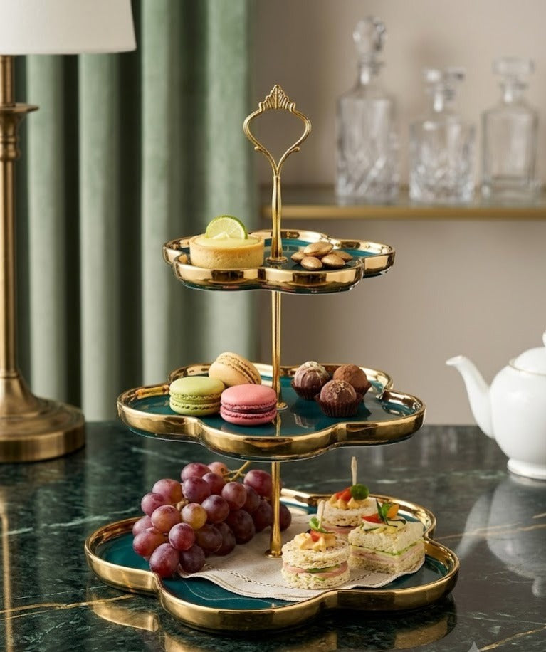 Vintage Emerald Green & Gold 3-Tier Flower Pastry Tower – Decorative Vanity Cake Stand