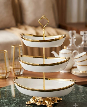 Majestic 3-Tier Boat-Shaped Ceramic Serving Tower – Gold Pedestal Dessert Stand
