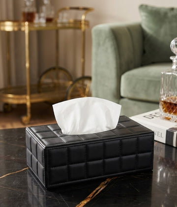 Parisian Quilted Matte Black Faux Leather Tissue Box