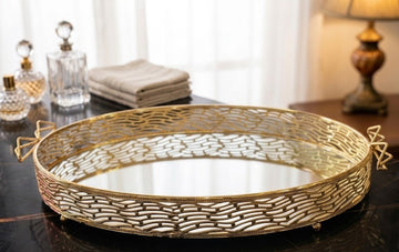 Elegant Oval Gold Metal Vanity Tray with Mirrored Base and Wave Lattice Design