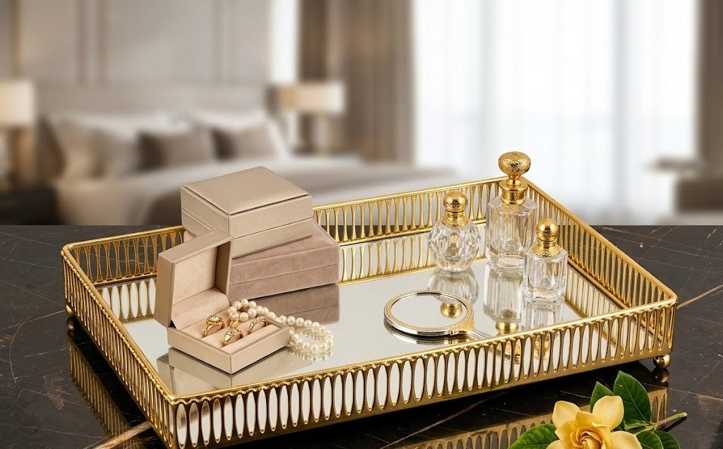 Luxurious Rectangular Gold Metal Vanity Tray with Mirror Base