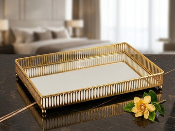 Luxurious Rectangular Gold Metal Vanity Tray with Mirror Base