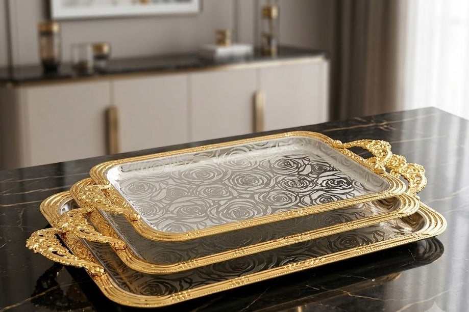 Elegant 3-Piece Rose Pattern Serving Tray Set