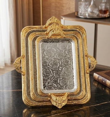 Elegant 3-Piece Rose Pattern Serving Tray Set