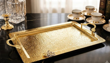 Luxury Hammered Gold Serving Tray with Ornate Handles