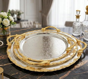 Luxury 3-Piece Royal Gold & Silver Stainless Steel Serving Tray Set