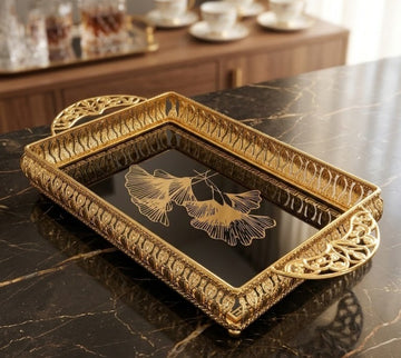 Luxury Ornate Gold & Black Mirrored Ginkgo Leaf Tray