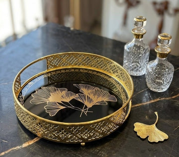 Luxury Nordic Style Round Gold Metal Mirrored Serving Tray with Ginkgo Leaf Motif