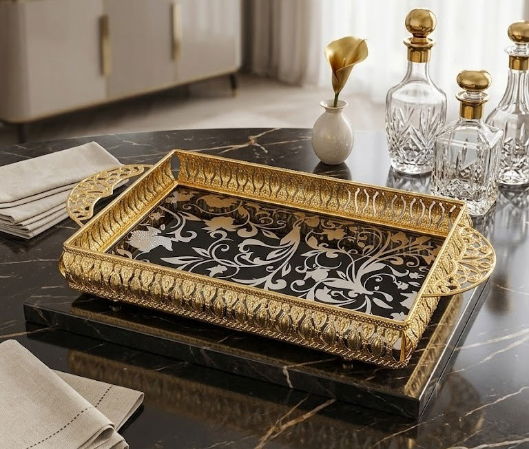 Luxury Turkish Style Rectangular Gold Plated Decorative Serving Tray with Black Damask Glass Base