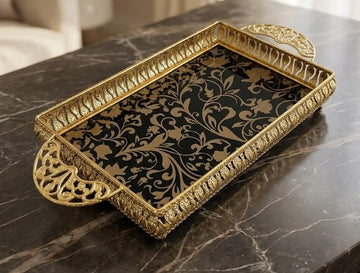 Luxury Turkish Style Rectangular Gold Plated Decorative Serving Tray with Black Damask Glass Base