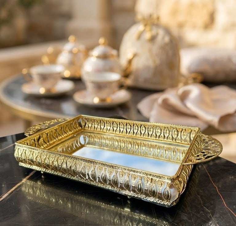 Ornate Gold Rectangular Mirrored Vanity and Serving Tray with Filigree Edging