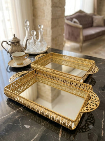 Ornate Gold Rectangular Mirrored Vanity and Serving Tray with Filigree Edging