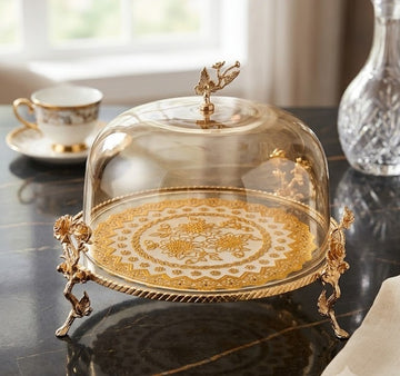 Luxury Ornate Gold-Plated Cake Stand with Elegant Amber Glass Dome Lid